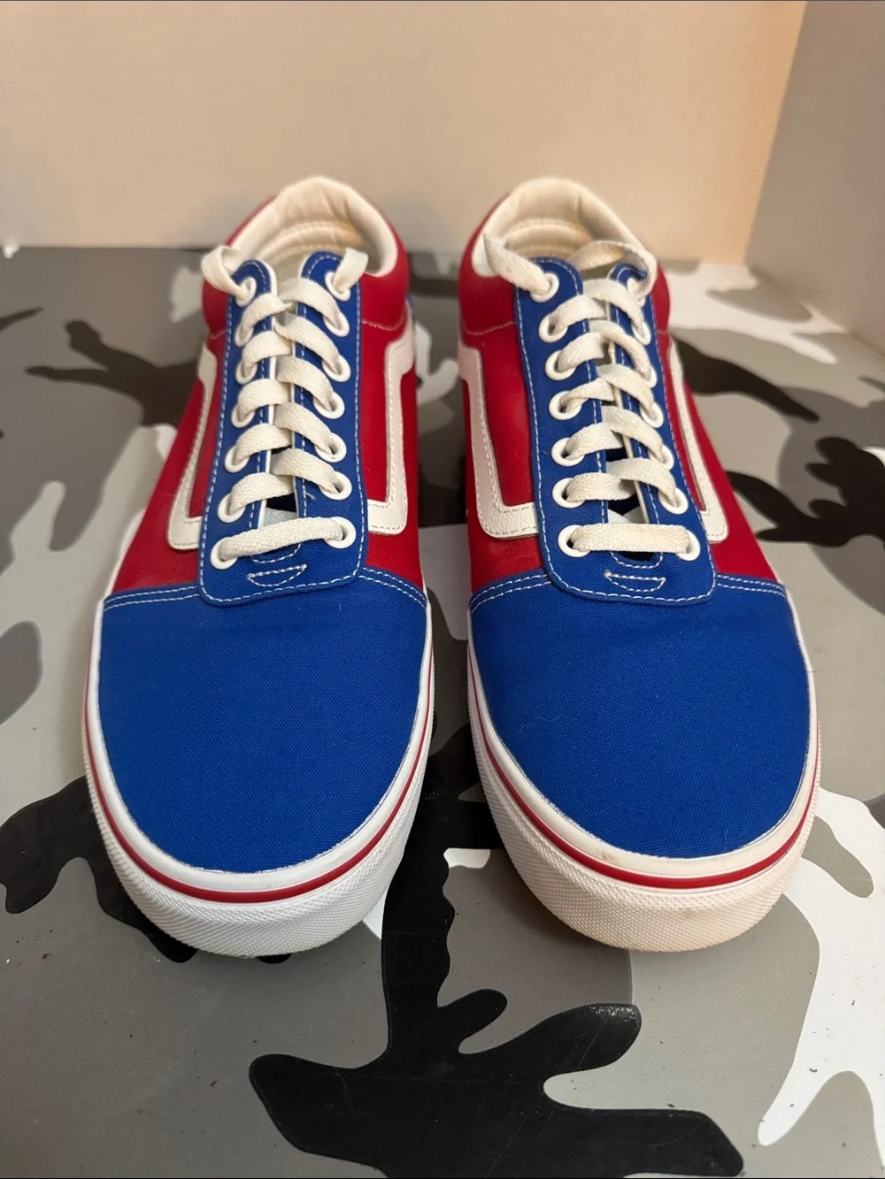 Vans Red and Blue Low-Top Skate Sneakers with Checkerboard Midsole